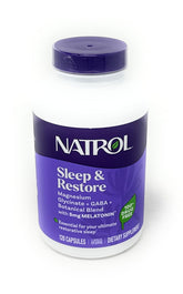 Natrol Sleep & Restore bottle promotes easier bedtime with a drug-free approach.