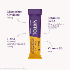 Pouring Natrol Sleep + Restore powder into water to make a lemon chamomile sip.