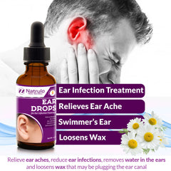 Natrulo ear drops bottle closeup highlighting pure natural ingredients for gentle care.