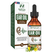 Natrulo Organic Ear Oil bottle with dropper for natural pain relief and wax removal.