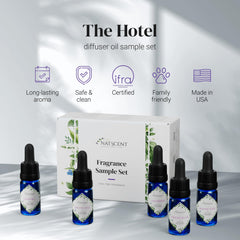 Natscent Santal diffuser oil bottle promotes sophisticated hotel-inspired atmosphere.