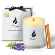 Natur IX Calming Soy Candle label shows lavender-basil-jasmine blend for soothing aromatherapy.