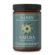 Natura Health Products N-Liven bottle and packaging highlighting organic greens blend for daily wellness