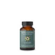 Natura Health Products Mito-Gevity bottle pour showing daily capsule routine for energy support