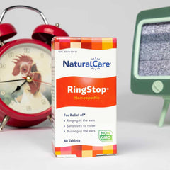 NaturalCare RingStop label close-up, emphasizing safe, non-interacting formula.