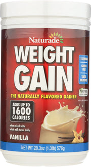 Naturade Sugar Free Weight Gain Powder vanilla powder tub shows gluten-free formula