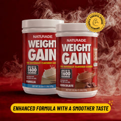 Naturade weight gain scoop dispersing powder emphasizes easy portion control.