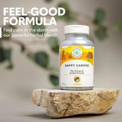 Natural Balance Happy Camper gotu kola highlights traditional herbal mood support.
