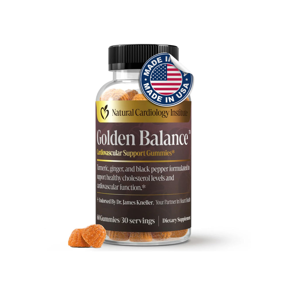 Natural Cardiology Institute Golden Balance gummies bottle on counter for daily wellness.