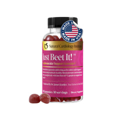 Natural Cardiology Institute Just Beet It gummies bottle showing convenient beet root support for energy and circulation