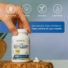 Close-up of vegan capsules from Natural Cure Labs L-Lysine + Monolaurin.