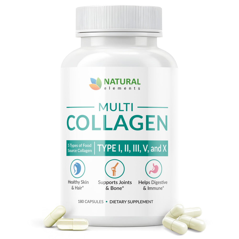 Natural Elements Multi Collagen bottle front promotes joint wellness and skin vitality for an active lifestyle.