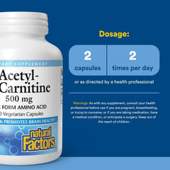 Natural Factors Acetyl L-Carnitine 500 mg label close-up highlights purity and potency.