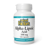 Natural Factors Alpha-Lipoic Acid 100mg bottle on table for antioxidant protection.