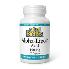 Natural Factors Alpha-Lipoic Acid 100mg bottle on table for antioxidant protection.