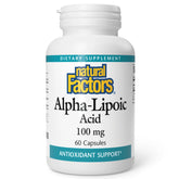 Natural Factors Alpha-Lipoic Acid 100mg capsules bottle illustrating antioxidant support for daily wellness.