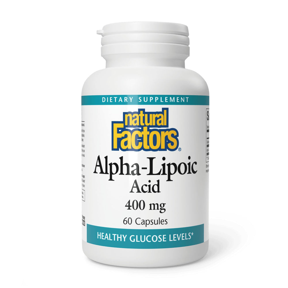 Natural Factors Alpha-Lipoic Acid 400 mg bottle promotes antioxidant support.