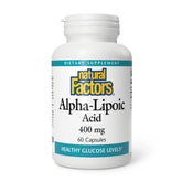 Natural Factors Alpha-Lipoic Acid 400 mg bottle promotes antioxidant support.