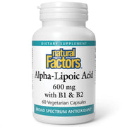 Natural Factors Alpha-Lipoic Acid + B 600 mg bottle and capsules for antioxidant support.