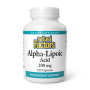 Natural Factors Alpha-Lipoic Acid bottle front with readable label for easy planning.