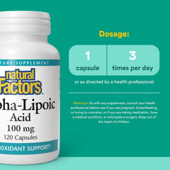 Natural Factors Alpha-Lipoic Acid bottle on table with glass for daily energy support.