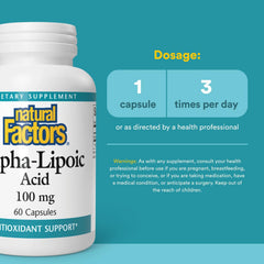 Natural Factors Alpha-Lipoic Acid ingredients label highlights organic farming and non-GMO sourcing.