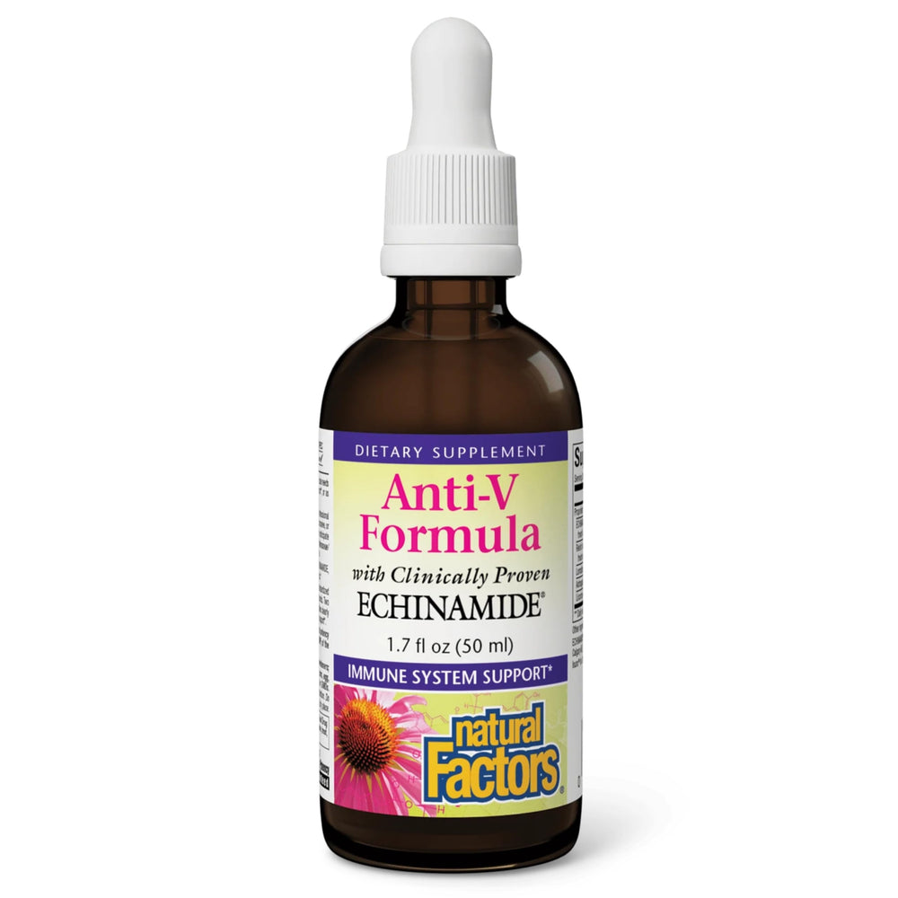 Natural Factors Anti-V Formule: bouteille visible pour soutien immunitaire quotidien.