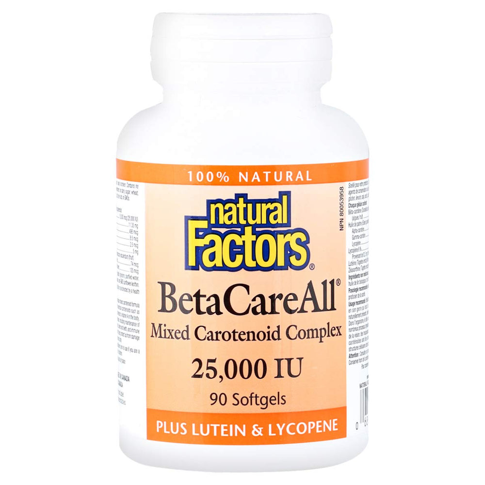 Natural Factors BetaCareAll softgel bottle highlighting plant based beta carotene for skin health and immune support.