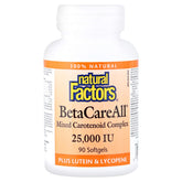 Natural Factors BetaCareAll softgel bottle highlighting plant based beta carotene for skin health and immune support.