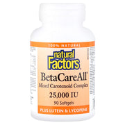 Natural Factors BetaCareAll softgel bottle highlighting plant based beta carotene for skin health and immune support.