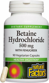 Natural Factors Betaine HCL 500mg bottle view highlighting daily digestion support.