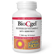 Natural Factors BioCgel bottle showing gentle vitamin C for sensitive stomachs.
