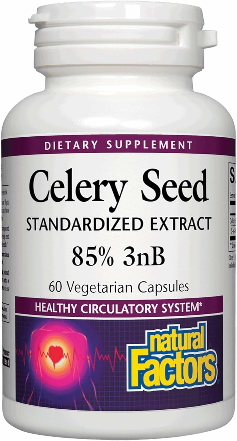 Natural Factors Celery Seed Extract bottle showcasing capsules for circulatory support.