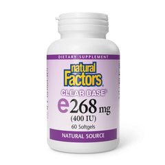 Natural Factors Clear Base Vitamin E 400 IU bottle highlighting antioxidant support.