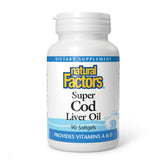 Natural Factors Cod Liver Oil softgel bottle showing vitamins A and D for vision and bone support
