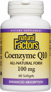 Natural Factors CoQ10 softgel bottle showing label for energy support.