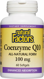 Natural Factors CoQ10 softgel bottle showing label for energy support.