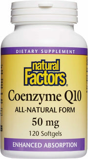 Natural Factors CoQ10 50mg bottle signaling energy support.