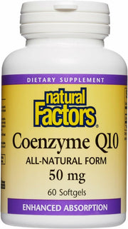 Natural Factors CoQ10 bottle front shows antioxidant support.