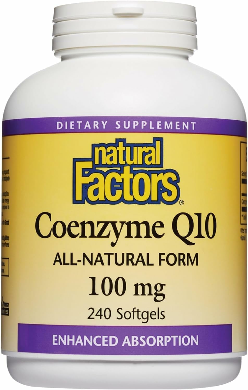 Natural Factors CoQ10 bottle front view showing 100 mg dosage for daily energy support.
