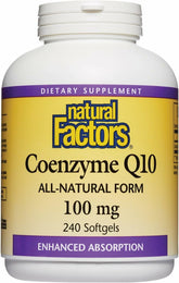 Natural Factors CoQ10 bottle front view showing 100 mg dosage for daily energy support.