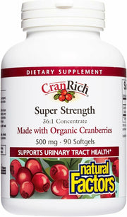 Natural Factors CranRich bottle front showing compact cranberry concentrate for urinary tract support