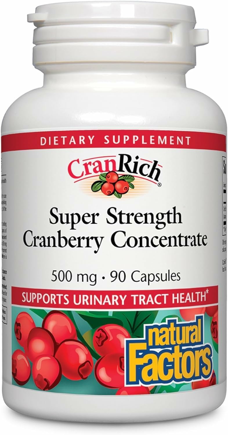 Natural Factors CranRich bottle front view showing name and premium cranberry concentrate for urinary support.