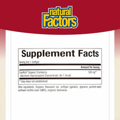 Natural Factors CranRich bottle label closeup highlighting non-GMO formula and antioxidant power