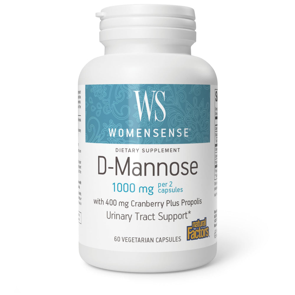 Natural Factors D-Mannose Cranberry Plus Propolis capsules for urinary balance support.