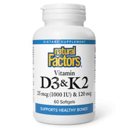 Natural Factors D3 K2 softgels bottle front shows daily bone and vascular health support.