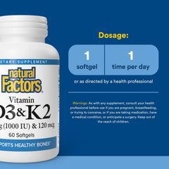 Natural Factors D3 K2 softgels capsules closeup on easy-to-swallow format.