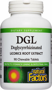 Natural Factors DGL chewable bottle for occasional indigestion relief