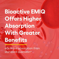 Natural Factors EMIQ quercetin packaging flatlay emphasizing vitamin C synergy and portability.