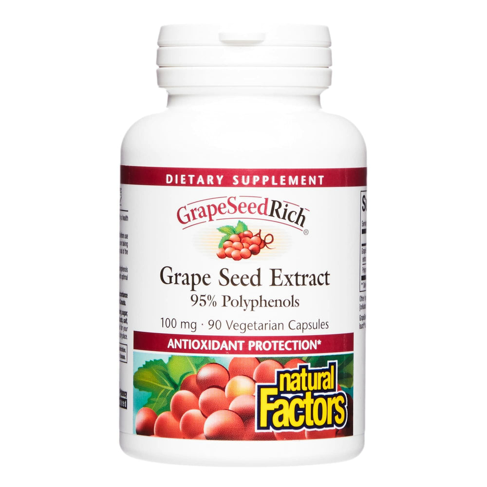 Natural Factors GrapeSeedRich bottle with capsules for daily antioxidant support.